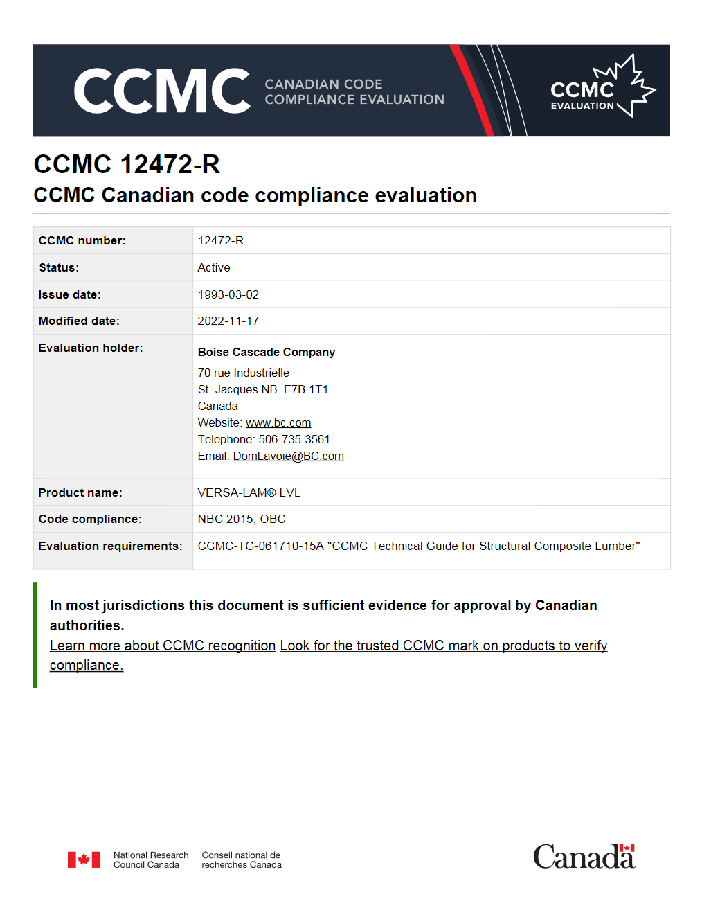 CCMC Canadian Code Compliance Evaluation