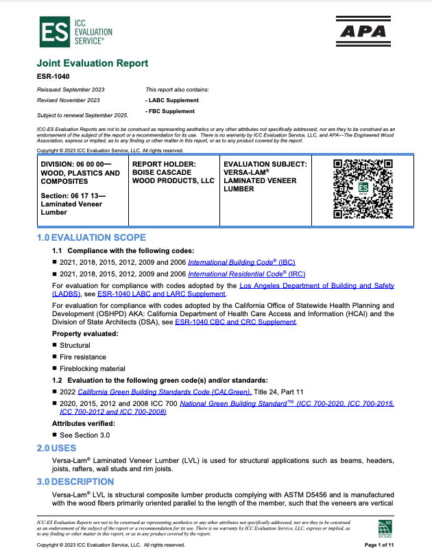 ESR-1040 Laminated Veneer Lumber (LVL) Code Report